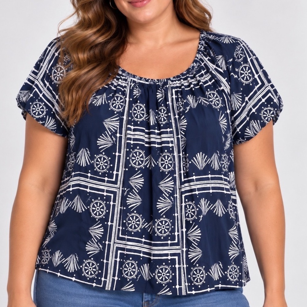 Navy White Nautical Print Peasant Blouse Women Large Rayon Puff Sleeve Coastal
